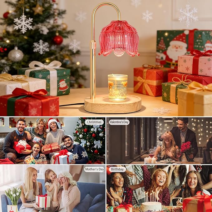 Flower Candle Warmer lamp with Timer Dimmer,Adjustable Height Candle Warmer,Fits All Jar Scented Candles,Christmas Gifts for Mom Women,Candle Lamp for Bedroom Home Decor,Red