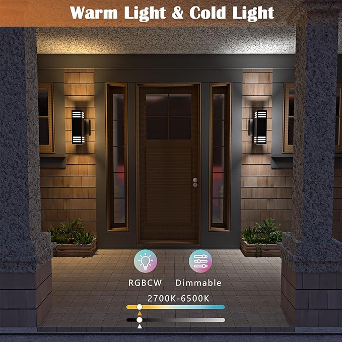 RGB Smart Outdoor Wall Lights, 2 Pack Front Porch Light Fixtures, Square Color-Changing Wall Sconce with E26 Base, IP65 Waterproof Up and Down Lights with APP/Voice/Remote Control.