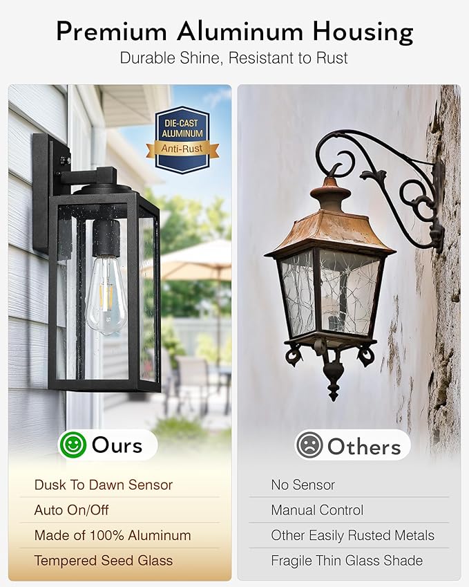 VIANIS 14.5" Large Dusk to Dawn Outdoor Lighting, Black Modern Exterior Lighting Fixtures with Tempered Glass, Anti-Rust Porch Lights Outdoor for House, Outdoor Wall Lights, 2-Pack (Hardwired 120VAC)