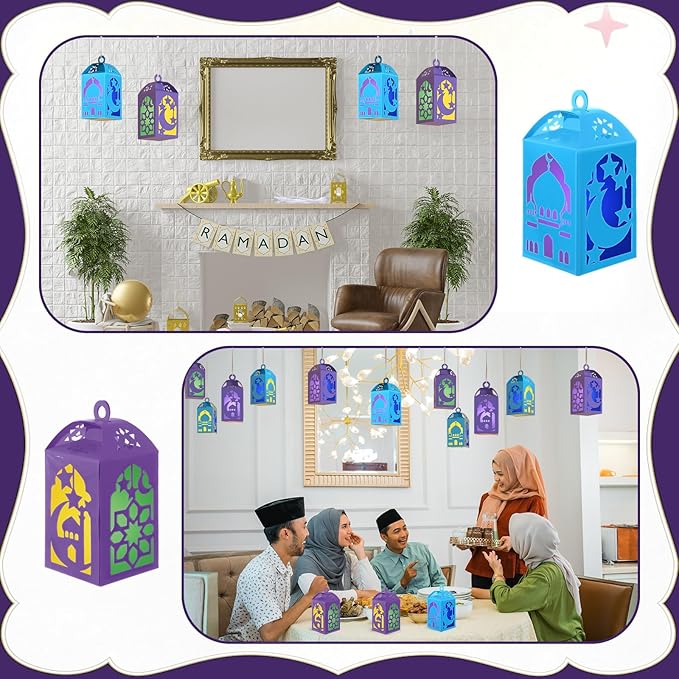 Simgoing 12 Sets Eid Mubarak Crafts with LED Candles Lights DIY Ramadan Tissue Paper Lanterns Crafts Kits DIY Make Your Own Moon Star Lanterns for Ramadan Mubarak Party Decor Classroom Activities