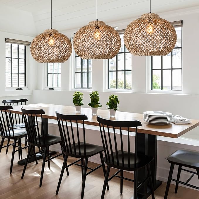 13.77" Woven Rattan Pendant Light,Hand-Woven Water Plants Rattan Chandelier 1-Light Boho Wicker Coastal Retro Ceiling Chandelier Lighting,for Kitchen Island Restaurant Craft Farmhouse