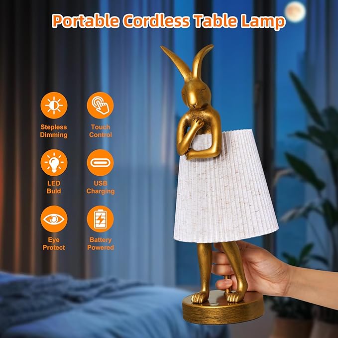Bunny Cordless Table Lamp with 5000mAh Battery,Rechargeable Resin Rabbit Lamp with Pleated Shade Stepless Dimmable LED Small Cute Animal Light for Kids Room Home Decor Adult Gift(Pattern)