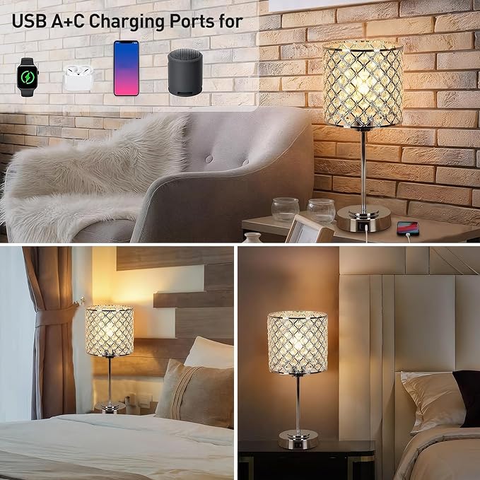 Crystal Table Bedside Lamp Touch Control, Dimmable Small Nightstand Lamp Set of 2 with USB-C+A Charging Ports, Decorative Silver Tabletop Lamp for Bedroom Living Room Guest Room, Bulbs Included