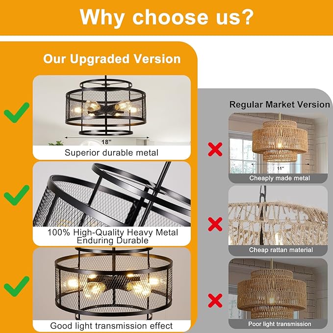 18" Modern Pendant Lights Kitchen Island, 6-Light Matte Black Pendant Light Fixtures, Industrial Farmhouse Hanging Pendant Lights for Kitchen Island Dining Room Living Room Bedroom Foyer Entryway