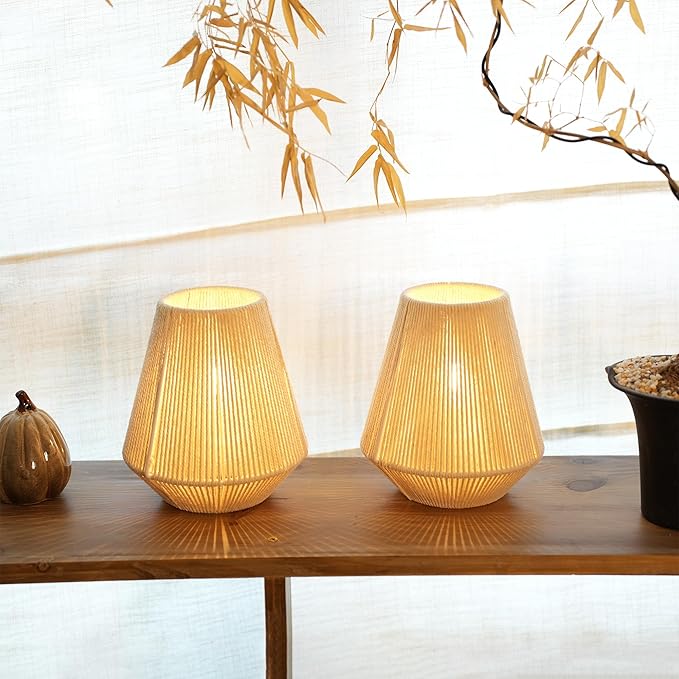 JHY DESIGN Set of 2 Woven Lampshade Table Lamps 8" H Cotton Rope Bedside Light‌s Cordless Decorative Battery Operated Lamps with 6 Hours Timer for Bedroom Living Room Home Parties Patio Events