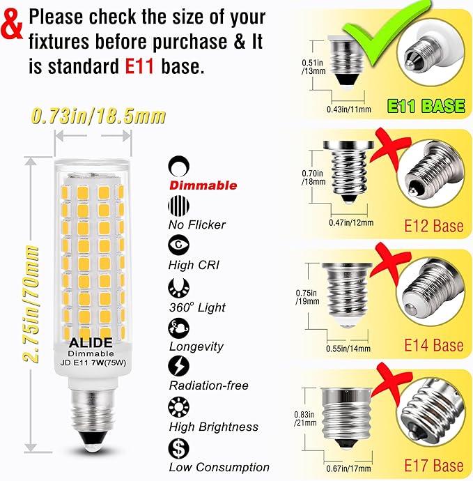 Dimmable E11 Led Bulbs,JDE11 120V 75W Halogen Candelabra Bulbs Replace,T3 T4 Mini Base JD E11 Bulb, 4000K Natural White 7W 750lm E11 for Chandeliers,Candelabra,Ceiling Fan, Cabinet Lighting,4Pack
