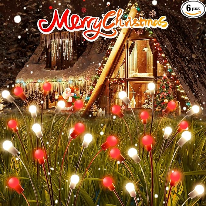 OZS 6Pack Total 48LED Solar Garden Lights Christmas Fairy Outdoor - Solar Firefly Lights Fairy Outdoor, Sway by Wind, Waterproof for Pathway Patio Yard Christmas Decorations(Red&White)