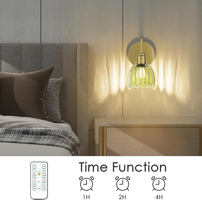 2 Pack Battery Powered Wall Sconce with Green Tulip Glass Lampshade, Rechargeable Dimmable LED Wall Sconce for Living Room, Hallway, Bedroom, Dining Room