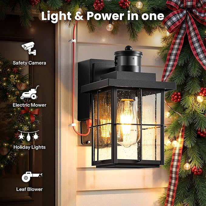 Gleamz Motion Sensor Outdoor Wall Light, Black Porch Light with GFCI Outlet, Waterproof Outdoor Light Fixture with Outlet, Front Door Light with Seeded Glass, Exterior Wall Lantern for Garage, Patio