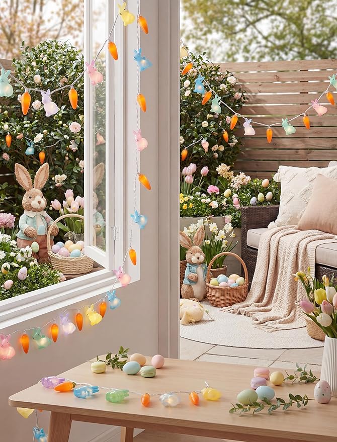 Easter Bunny Carrot String Lights, 8.5Ft Plug in Fairy Lights with 10 LED Rabbit and Carrot Lights, Cute Spring Decor for Home Bedroom Garden Party Indoor Outdoor Decorations