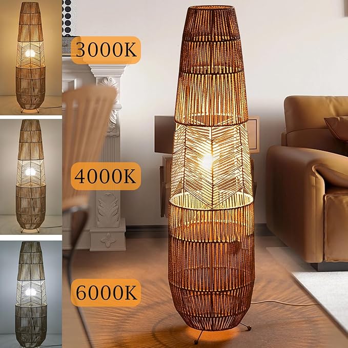 MIXL-Rope-Weaving Floor Lamp with Foot Switches,Dimmable Led Corner Tall Lamp,Minimalist Reading Lamp Floor Standing,Bohemian Style Standing Lamps for Bedroom Study and Living Room
