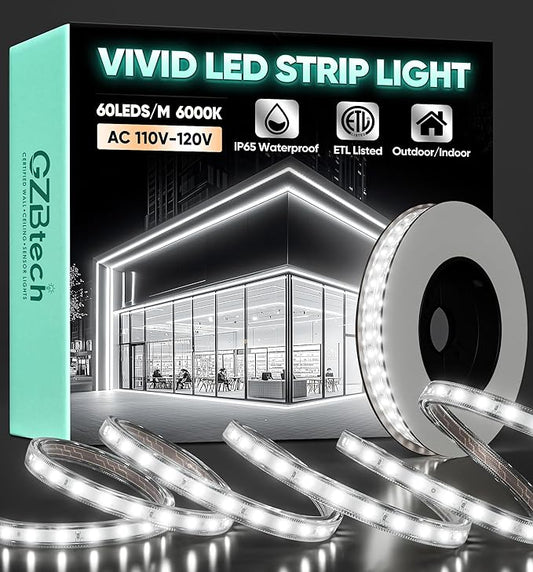 GZBtech AC 110-120V LED Strip Lighting 16.4FT/5M, 6000K Cool White IP65 Waterproof Outdoor Strip Lights, 60LEDs/M SMD2835 Cuttable & Connectable LED Rope Light for Indoor Outside Exterior, ETL Listed