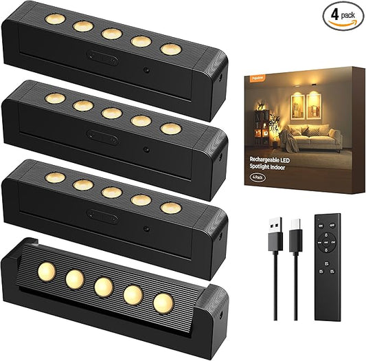 LED Spotlights Indoor, 5500mAh Rechargeable 300 Lumen Picture Lights, Wireless Uplights with Daily Auto Timer＆Dimmable, Spot Lights Indoor for Plants Display Painting Artwork (Black, 4 Pack)