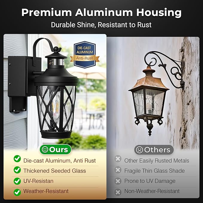 Motion Sensor Porch Light with Outlet, Outdoor Wall Light Fixtures with GFCI Outlet, Outdoor Sconces Wall Lighting with Seeded Glass, Waterproof Exterior Garage Lantern for Coach, Patio,Balcony