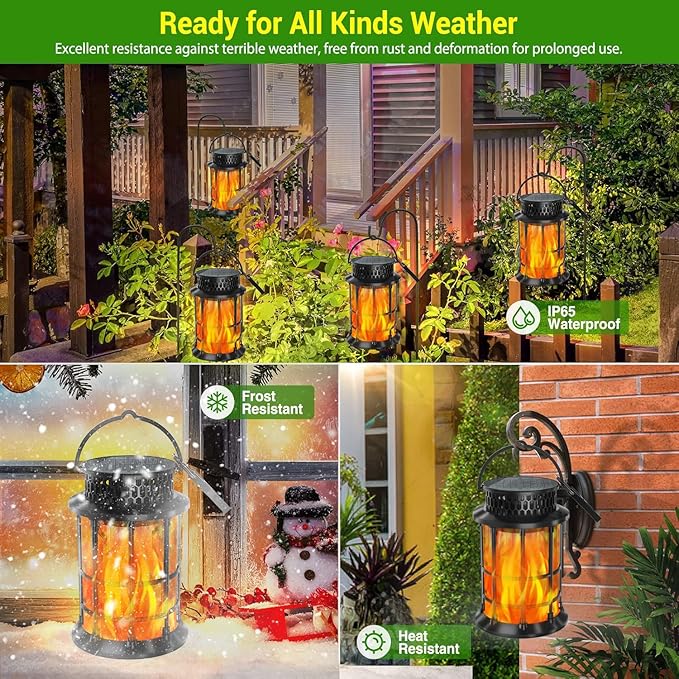 Solar Lanterns Outdoor Waterproof,Upgraded Flickering Flame Lights, Hanging Solar Lanterns Lights, Solar Powered Decorative for Garden Yard Pathway, 2 Pack