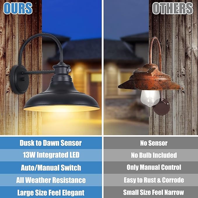Dusk to Dawn LED Outdoor Barn Lights - 2 Packs Farmhouse Gooseneck Exterior Light Fixture Wall Mount, 12.25" Large Black Porch Lights, Outside Wall Lights for House Garage Patio Doorway