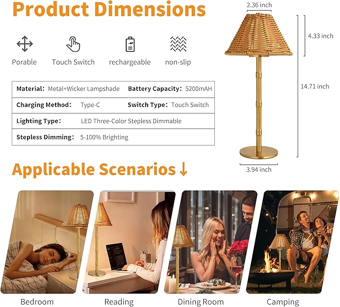 Mr.White Rechargeable Cordless Table Lamp with Wicker Shade, 5200mAh Battery Operated Portable Table Light with Touch Control, for Patio Restaurant Kitchen Dinner (Gold)