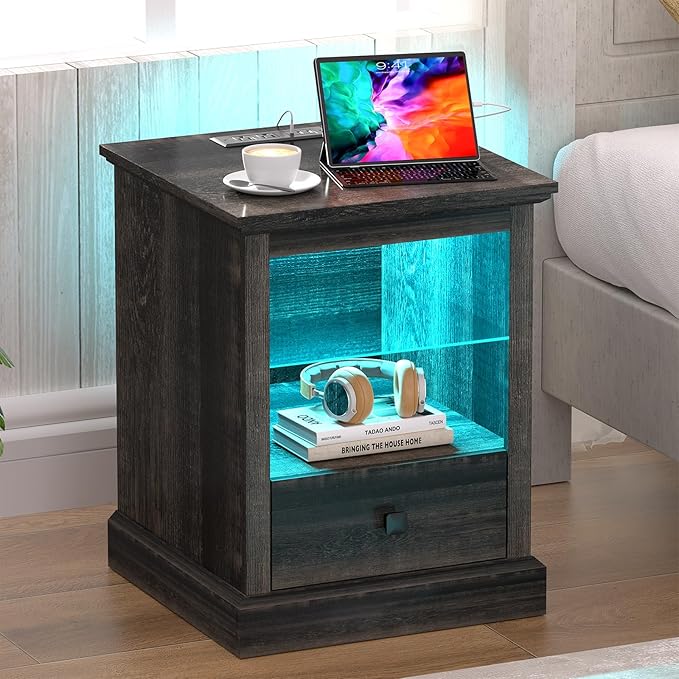 Resyet LED End Table with Charging Station - Adjustable Shelf Nightstand with Drawer, Storage, and Wooden Design for Bedroom & Living Room (Dark Rustic Oak)