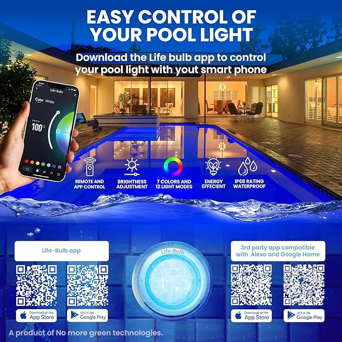 Smart Pool LED Pool Lights for Inground Pool, Wall Mounted, Color Changing with Remote - 75ft Cable, Works with Remote or Phone App - iOS/Android Compatible, Lifetime Replacement Program