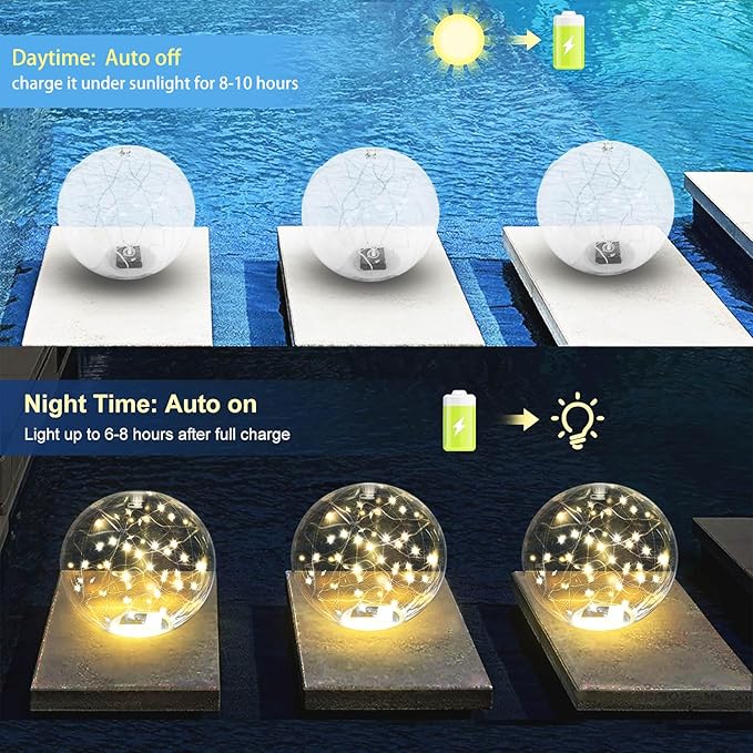 Solar Floating Pool Lights Auto-On at Night - 14" Inflatable Waterproof Glow Pool Balls, 3000K Warm-White Solar Powered, Atmosphere-Boosting for Party