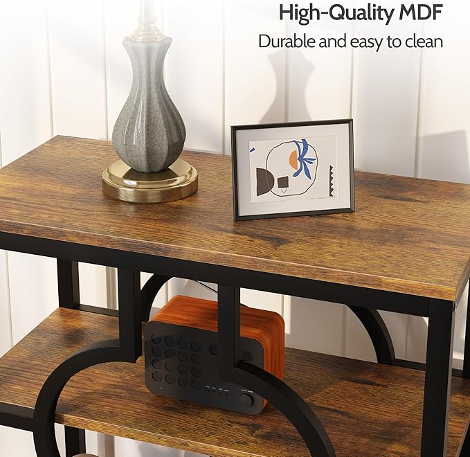 End Table Set of 2, Narrow Side Table with 3-Tier Storage Shelves, Wood Sofa Side Table with Geometric Metal Frame for Living Room, Industrial Bedside Nightstand for Bedroom (Brown)