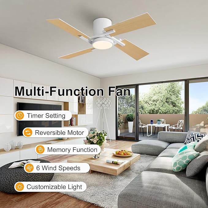 WINGBO 48" Flush Mount Ceiling Fan with Light - 4 Plywood Blades, 6-Speed Reversible DC Motor, Dimmable, 3CCT, Noiseless Low Profile Ceiling Fans and Light for Bedroom Living Room, White and Oak/White