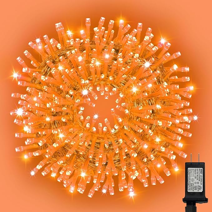 LAMPHOME 99ft Halloween Lights, 300 LED Transparent Wire Fairy Starry String Light Plug in, 16Lighting Modes for Indoor Outdoor Xmas Tree Wedding Party Decoration (Orange)