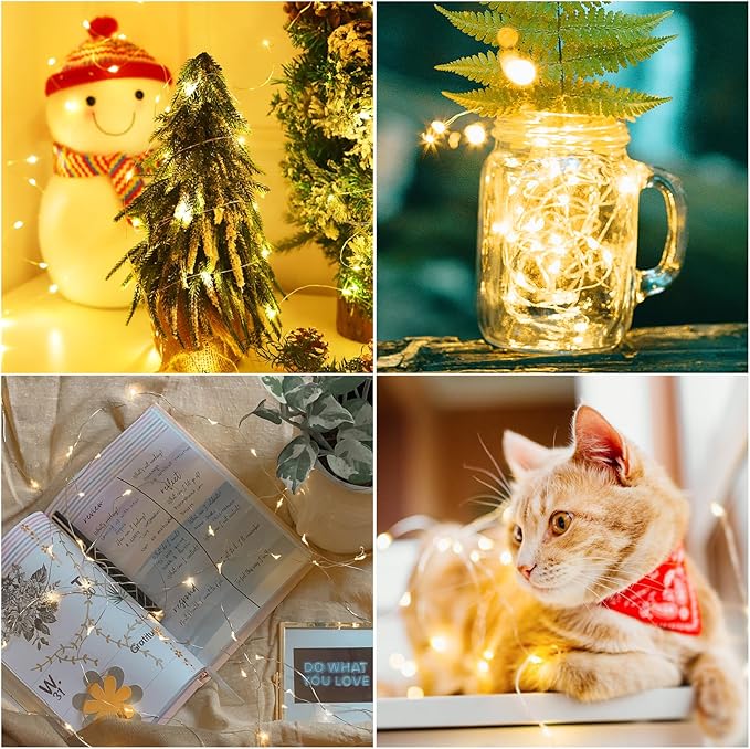 YAOZHOU Christmas Decorations Warm White Fairy String Lights, Battery Operated with Timer, 2 Pack Total 33FT 100 Led Mini Battery Powered Mason Jar Waterproof Firefly Lights DIY Party