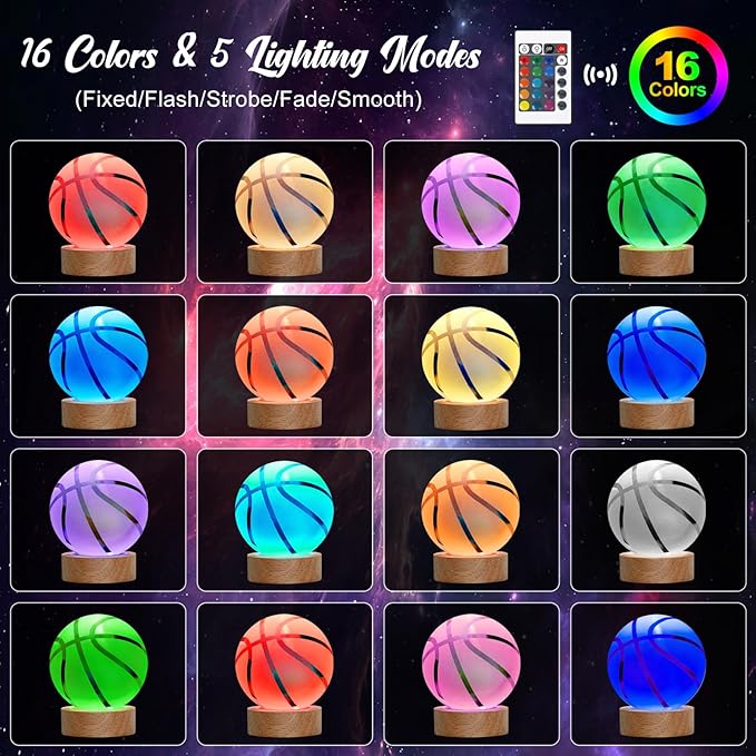 Basketball Night Light, 3D Crystal Ball Lamp with 16 LED Color Changing & Remote, 3.15 Inch Unique Desk Decor, Gift for Women Men Kids, Birthday Christmas Home Room Decoration, Basketball Lamp