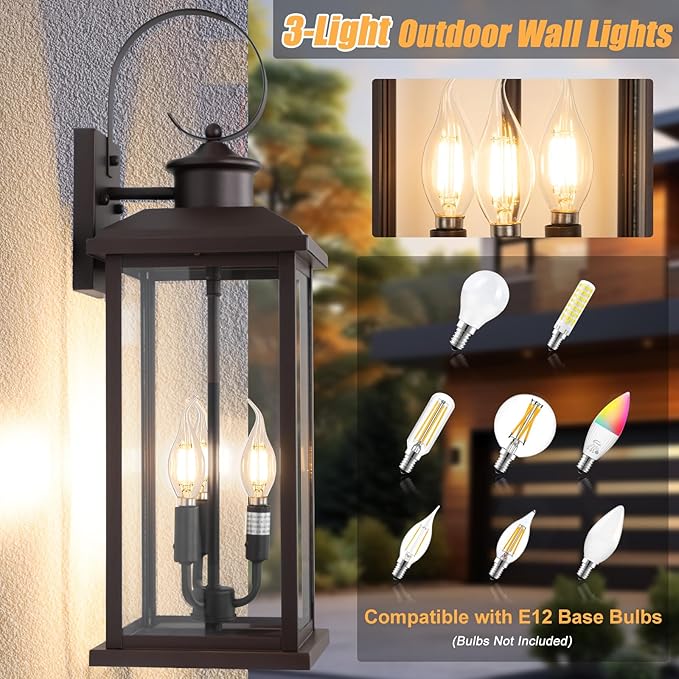 3-Light Large Outdoor Wall Light 2-Pack, 24" Bronze Modern Extra Exterior Lighting Fixture, Waterproof Porch Sconce Wall Mount, Outside Lamp for Front Door Farmhouse