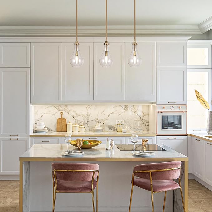 KSANA Gold Pendant Light, Modern Brass Hanging Light Fixture with Clear Glass Teardrop Shade, Adjustable Ceiling Light for Kitchen Island, Dining Room, Foyer, or Bedroom