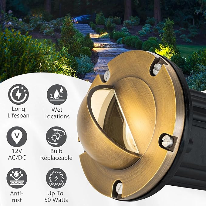 LumStory 4-Pack Brass Well Lights 12V Low Voltage Landscape Lighting LED Landscape Light Outdoor in Ground Lights with MR16 GU5.3 Bulb 5W 3000K Warm White(Beacon Top)