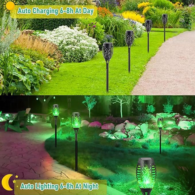 16 Pack Solar-Powered Flashlight Torches for Outdoor use, Dancing and Flickering Flame Torches for Landscape Decoration, Suitable for Paths, lawns, terraces (Green)