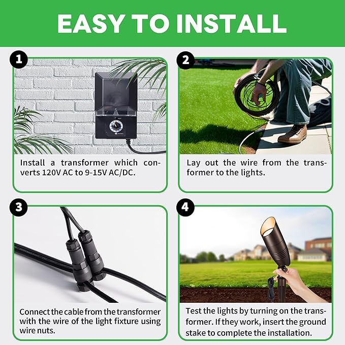 Outdoor Landscape Lighting Kit, with 8 Pack Spotlights and 100W Transformer and 100FT Cable and 30 Wire Connectors, 3CCT Aluminum ORB LED Spotlight for Porch Backyard Fence