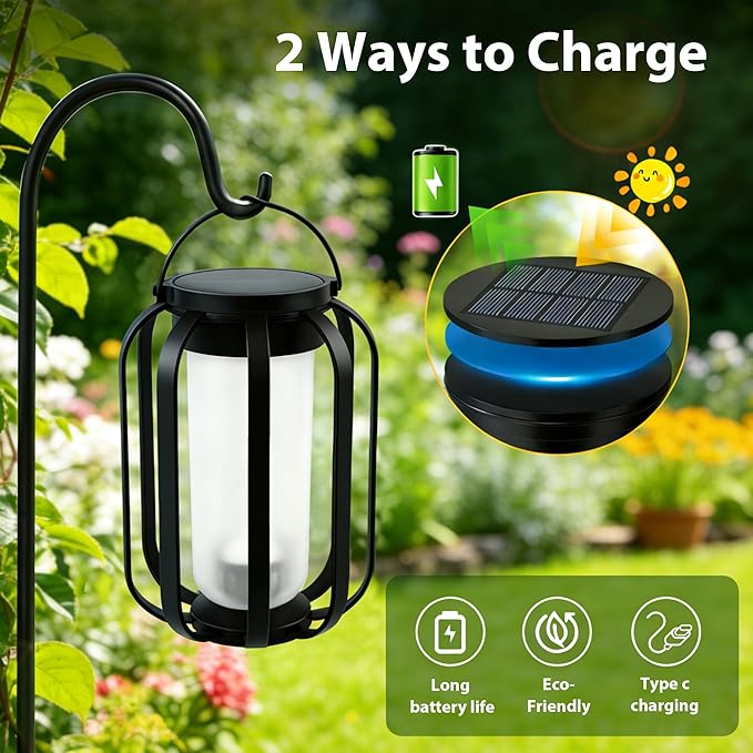 Solar Lanterns Outdoor Waterproof , Flickering Flame Garden Lights with 2 Modes Dual Charging USB & Solar, Outdoor Waterproof Hanging Lantern for Halloween Party Holiday Decor
