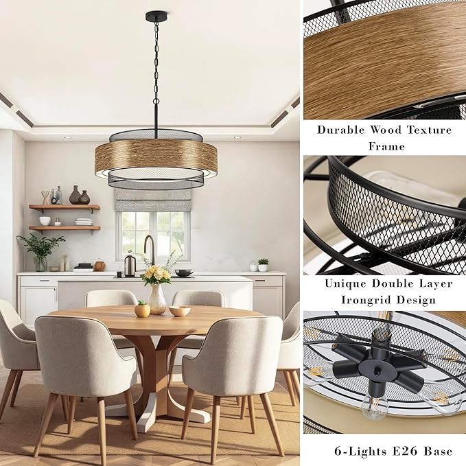 23.6 inch Farmhouse Chandeliers for Dining Room, 6-Light Rustic Large Black Drum Chandelier Metal Imitation Wood Round Hanging Lighting for Entryway Kitchen Island Foyer Bedroom Living Room