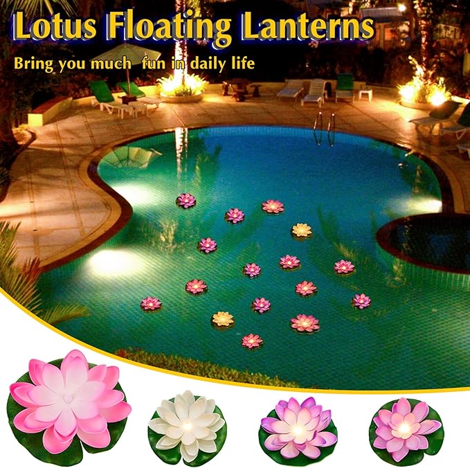Hortsun 9 Pcs Floating Lotus Lights with Batteries Lily Pads Pool Flowers Floating Candles Decor Artificial Pond Plants Decorations for Pool Pond Outdoor Indoor (Pink,White,Purple,3.94/5.91 Inch)