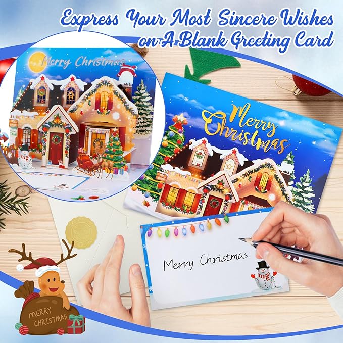 FaCraft Musical Christmas Cards, with Lights and Music, Decorated House, Handmade 3D Pop Up Christmas Card, with Envelope, Blank Insert and Seal, for Winter, Holidays, New Year