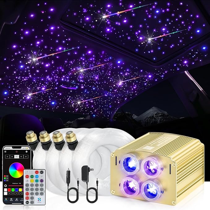 Car Starlight Headliner Kit, 4 Colors 32W Twinkle & Meteor Fiber Optic Shooting Stars Lights, 2 in 1 Light Engine 600pcs*0.03in*13.1ft+240 RGBW 4 Port Ceiling Starlights for Car Home Roof Décor