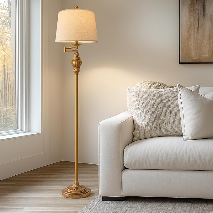 61" Vintage Floor Lamp | 350° Adjustable Swing Arm | Gold Standing Lamp | Mid Century Retro for Bedroom & Living Room