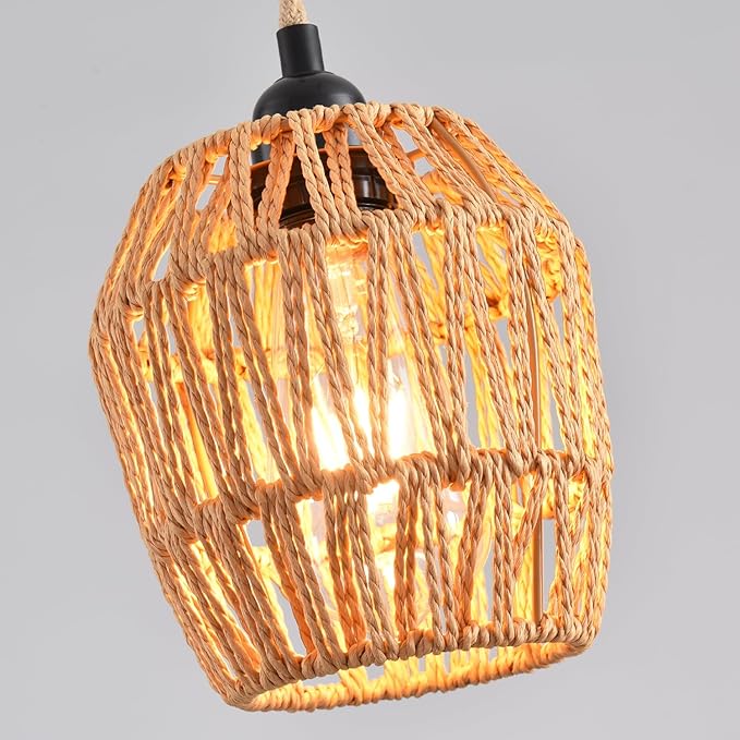 Plug in Pendant Light, Industrial Hanging Light with Plug in Cord Hemp Rope On/Off Switch Farmhouse, Vintage Pendant Light Fixture, Hanging Lamps for Dining Room