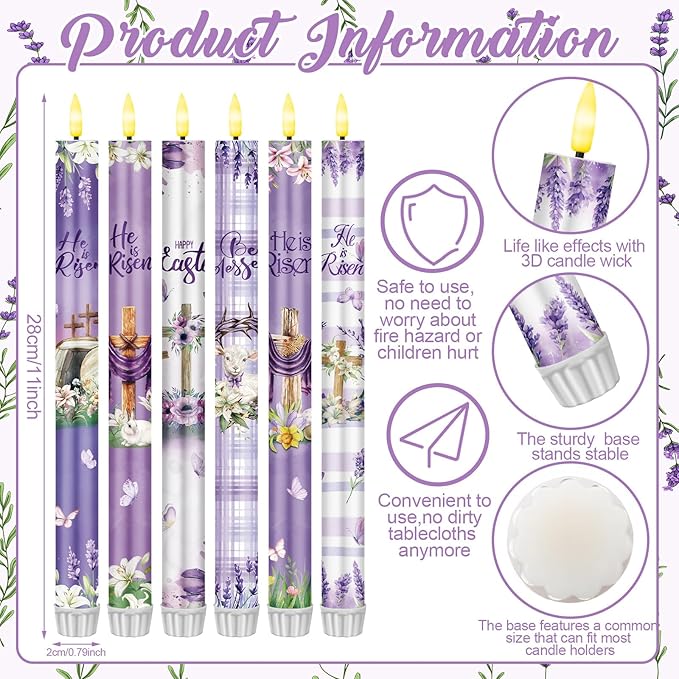 6 Pcs Easter Flameless Candle Set He is Risen LED Flameless Taper Lent Candles with Battery Operated Purple Cross Christian Celebration Candles with Remote for Easter Spring Home Decor Gifts