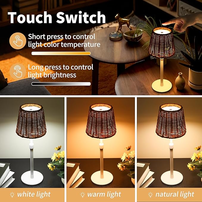 Mr.White Outdoor Waterproof Rechargeable Cordless Table Lamp with Telescopic Pole & Wicker Shade, 5200mAh Battery Operated Table Light with Touch Control, for Patio Restaurant Kitchen (White)
