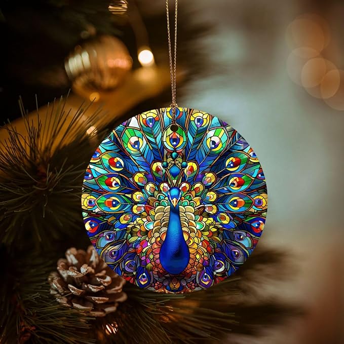 Colorful Peacock Spreading Its Tail Christmas Ornaments, Christmas Decorations Xmas Tree Hanging Ornaments, Round Ceramic Festive Keepsake Gift for Xmas Decorations Holiday Home Decor