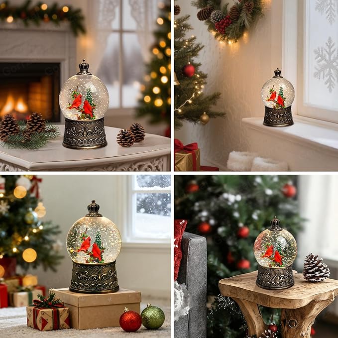 Cardinal Snow Globe Christmas Snow Globes Lantern, Lighted Christmas Decorations Indoor for Home with Music Timer Swirling Glitter, Light Up Musical Cardinals Decor, USB or Battery Operated