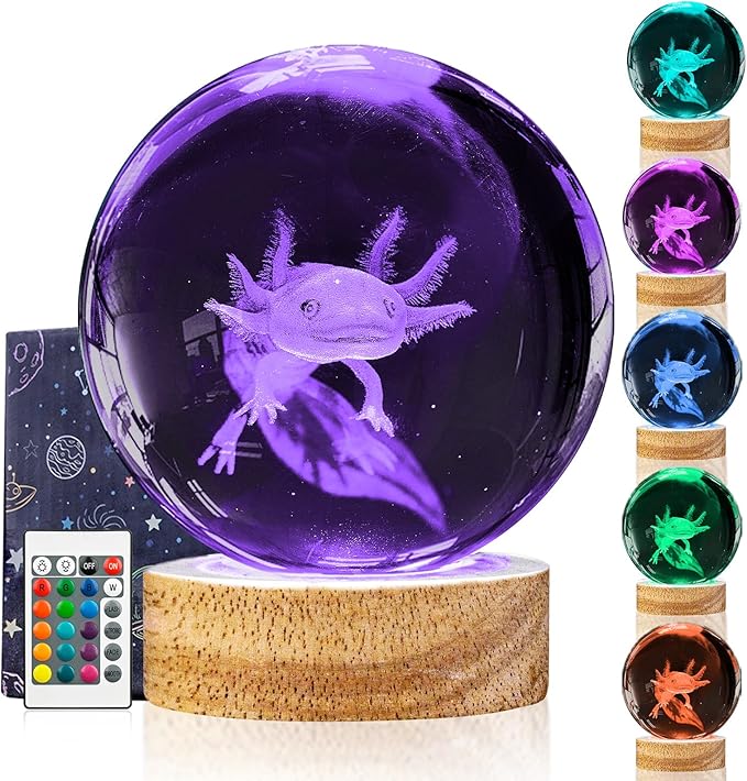 3D Axolotl Crystal Ball Night Light with LED Wooden Base Upgraded 3.15 Inch Glass Ball Lamps with 16 Color and Remote for Birthday Christmas, Cool Axolotl Toy Decor Gifts for Boys Girls Kids