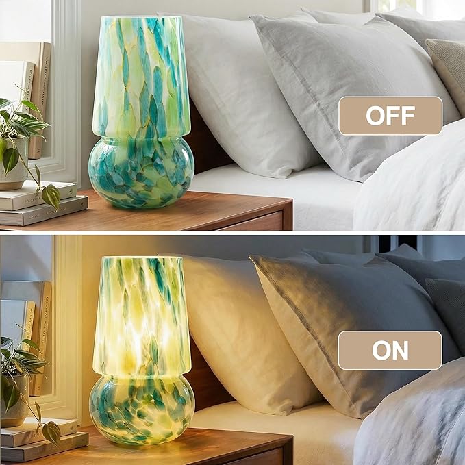9.8 Inch Mushroom Table Lamp, UL Listed Dimmable Small Desk & Bedside Lamp with Woven Beige Cord, Handcrafted Pattern, Murano Home Decor for Bedroom, Living Room, Entryway (Emerald Teal)