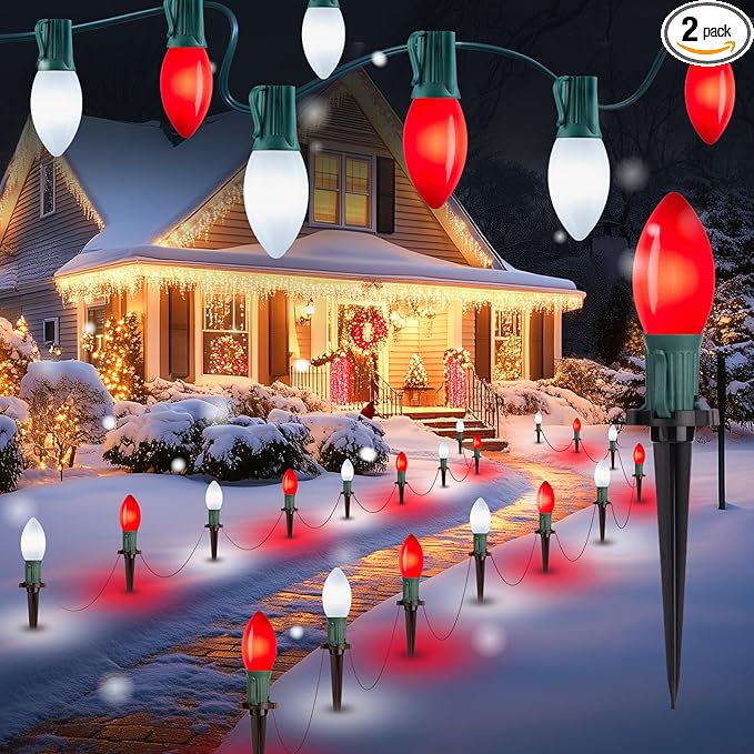Brightown Frosted C9 LED Christmas Lights Outdoor, 2 Packs Total 64Ft Christmas Pathway Lights with 50 LED Bulbs and Stakes, Christmas Decorations Outside Driveway Walkway Sidewalk, Red and White