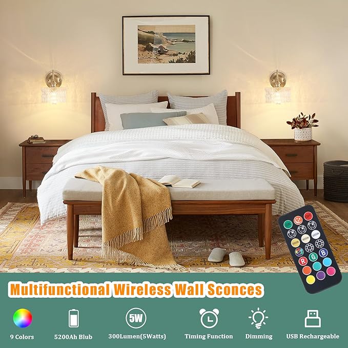Battery Operated Wall Sconce, Vintage Rechargeable Wall Lights with Clear Ripple Glass Shade, Wireless Indoor Wall Lamp with Remote for Bedroom Living Room Bathroom Hallway