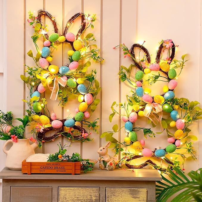 Hotop 2 Pcs Easter Bunny Spring Wreath with 20 LED Lights 23.6'' Easter Rabbit Door Wreath with Bow Eggs Hanging Bunny Wreaths for Front Door Easter Door Hanger for Spring Outdoor Wall Home Decoration